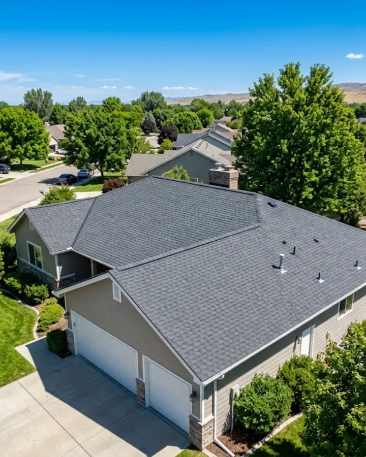 A newly replaced charcoal shingle roof on a home in the Mini-Cassia area of Idaho